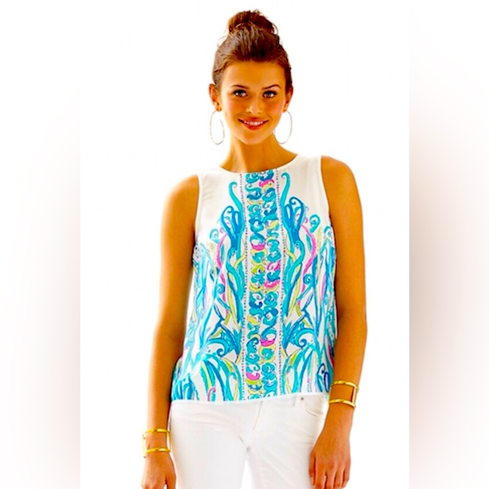 New Lilly Pulitzer Iona Love Story Silk Blouse Sleeveless Loose Top Gold Button